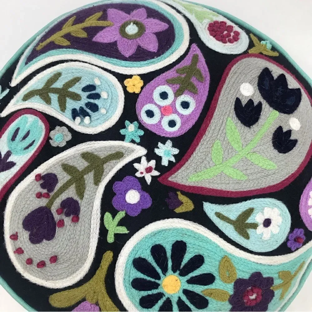 Pottery Barn Colorful Paisley Crewel Stitch Round Decor Toss Pillow